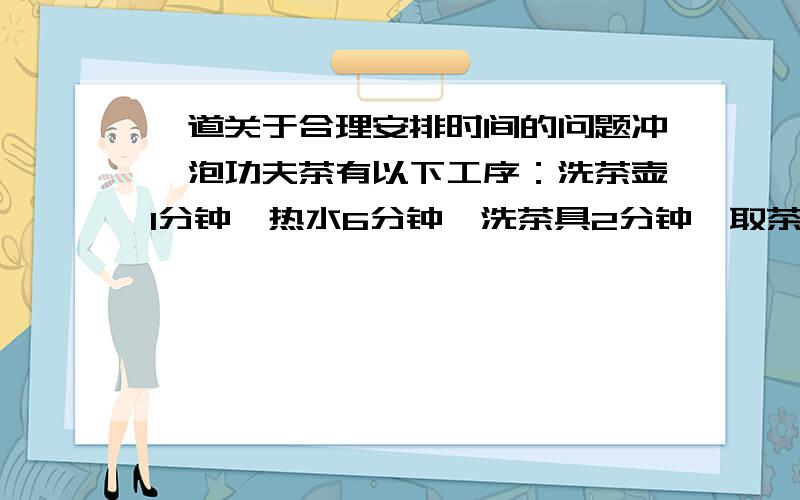 一道关于合理安排时间的问题冲一泡功夫茶有以下工序：洗茶壶1分钟,热水6分钟,洗茶具2分钟,取茶叶、放茶叶1分钟,冲泡2分钟,那么,最少（）分钟可喝上功夫茶.