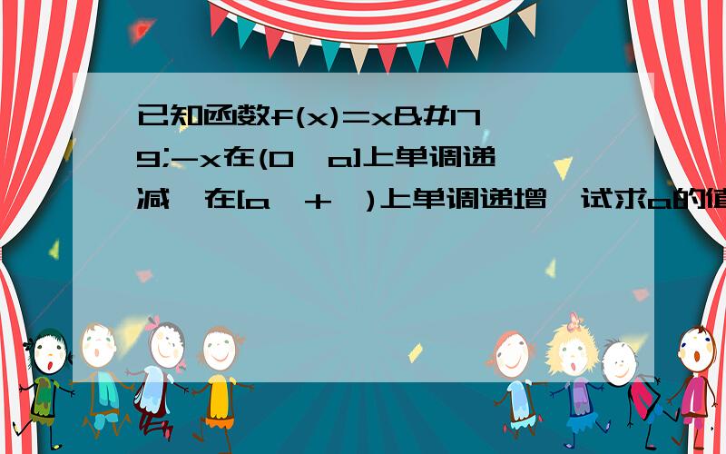 已知函数f(x)=x³-x在(0,a]上单调递减,在[a,+∞)上单调递增,试求a的值,不能用求导的方法,高一的学生没有学过求导,希望能用高一的函数方法,