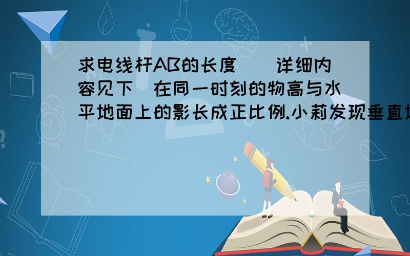 求电线杆AB的长度．（详细内容见下）在同一时刻的物高与水平地面上的影长成正比例.小莉发现垂直地面的电线杆AB的影子落在地面和土坡上,影长分别为BC和CD,经测量得BC=20m,CD=8m,CD与地面成30