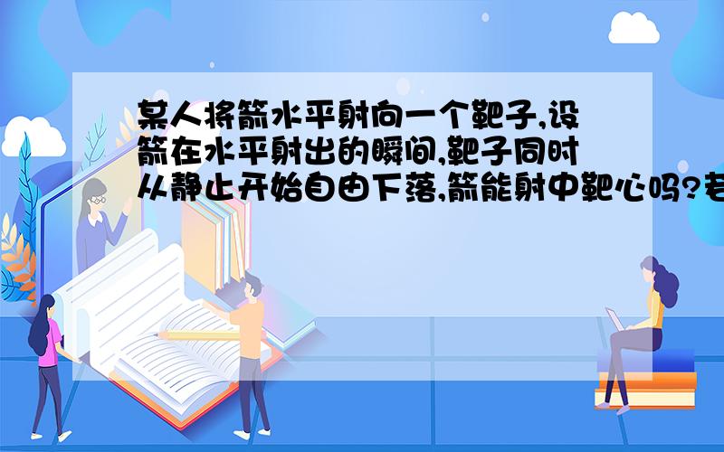 某人将箭水平射向一个靶子,设箭在水平射出的瞬间,靶子同时从静止开始自由下落,箭能射中靶心吗?若能射中,设人离靶水平位移10m,箭射出速度为20m/s,求射中靶时,靶下落的高度?g=10m/s2