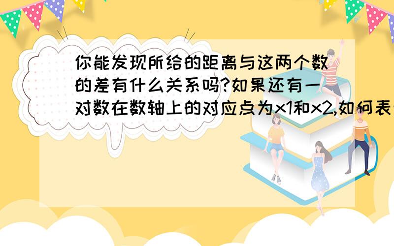 你能发现所给的距离与这两个数的差有什么关系吗?如果还有一对数在数轴上的对应点为x1和x2,如何表示这两点之间的距离.