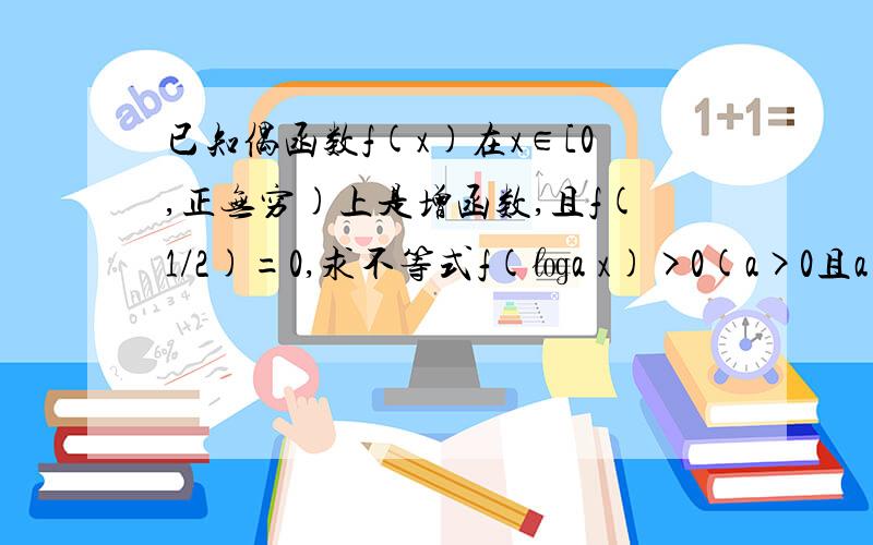 已知偶函数f(x)在x∈[0,正无穷)上是增函数,且f(1/2)=0,求不等式f(㏒a x)>0(a>0且a≠1)的解集.知道的回答下,