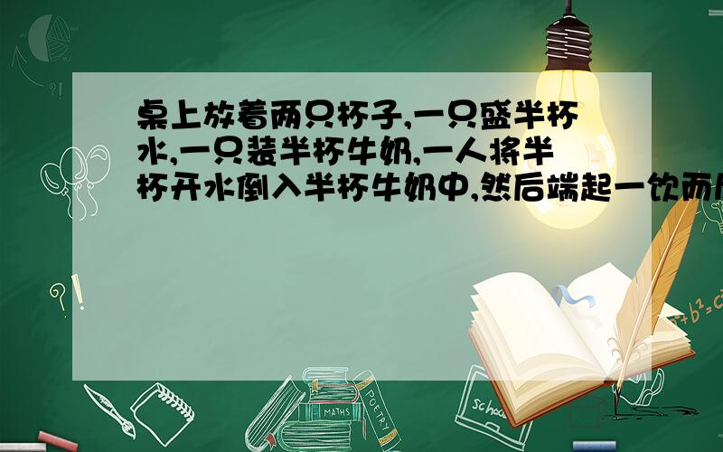 桌上放着两只杯子,一只盛半杯水,一只装半杯牛奶,一人将半杯开水倒入半杯牛奶中,然后端起一饮而尽.猜两个成语