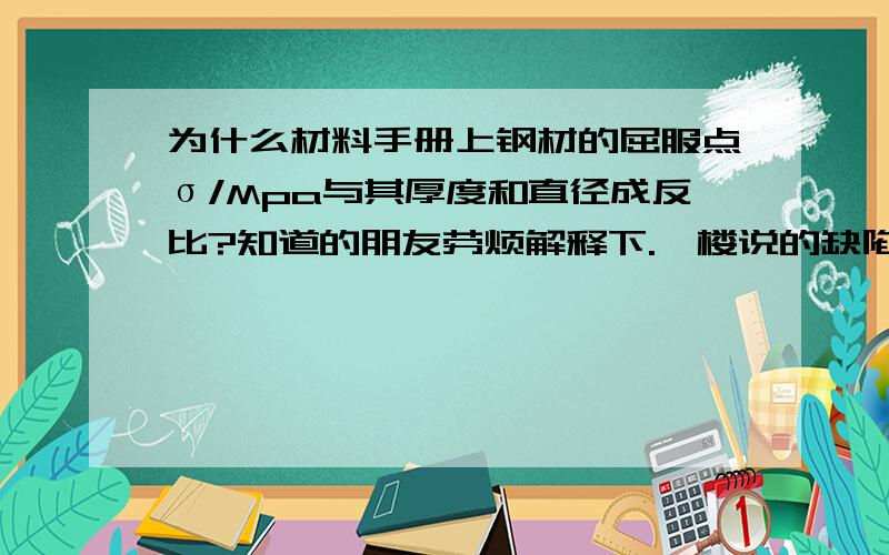 为什么材料手册上钢材的屈服点σ/Mpa与其厚度和直径成反比?知道的朋友劳烦解释下.一楼说的缺陷能不能说的具体些,是怎么造成的?