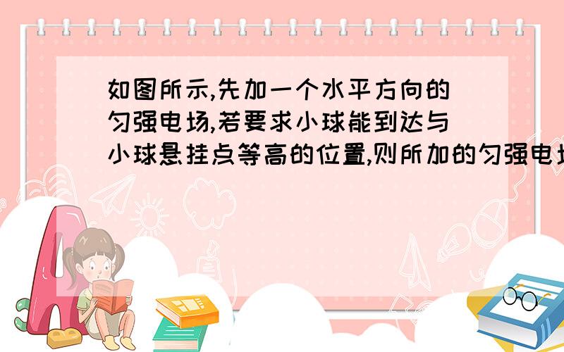 如图所示,先加一个水平方向的匀强电场,若要求小球能到达与小球悬挂点等高的位置,则所加的匀强电场至少为?