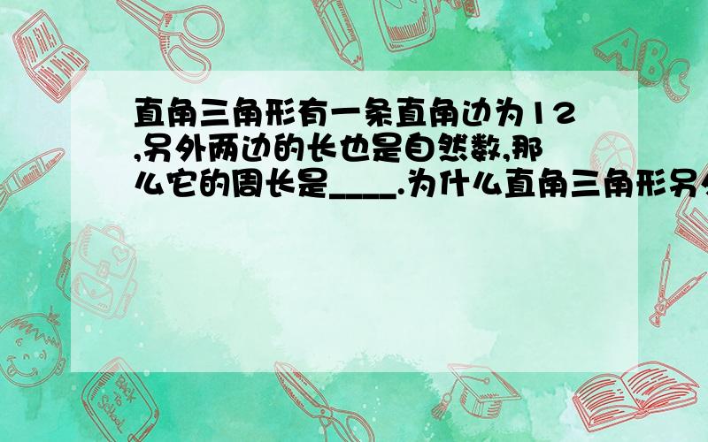 直角三角形有一条直角边为12,另外两边的长也是自然数,那么它的周长是____.为什么直角三角形另外一条直角边只能为5,斜边为13,它的周长是(30),