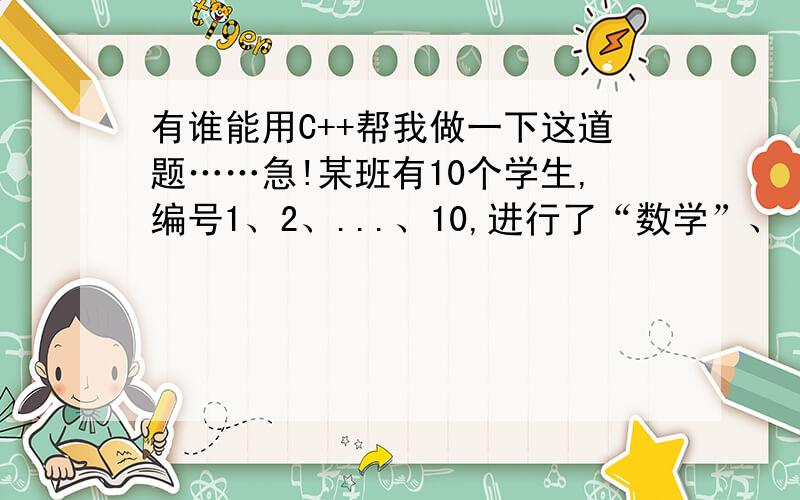 有谁能用C++帮我做一下这道题……急!某班有10个学生,编号1、2、...、10,进行了“数学”、“语文”、“英语”、“C++语言”四个科目的考试,编写程序：（1）将考试成绩输入一个二维数组；