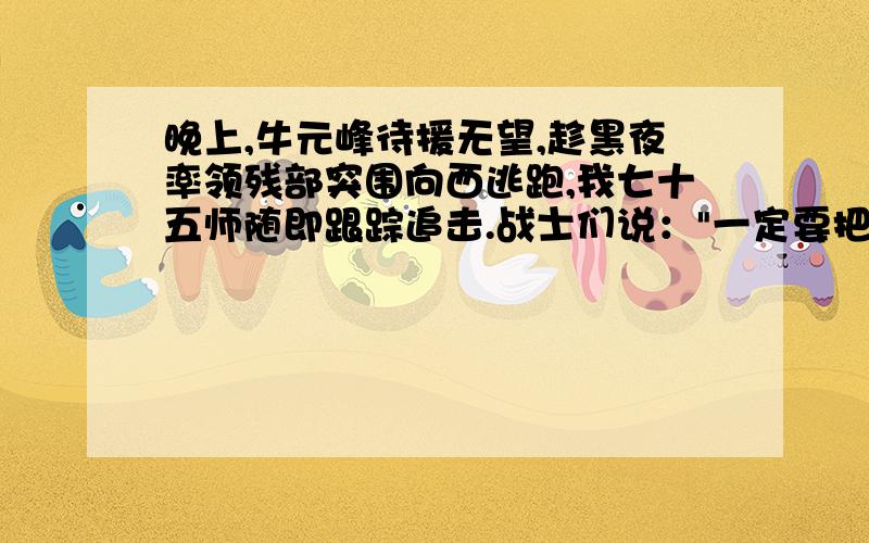 晚上,牛元峰待援无望,趁黑夜率领残部突围向西逃跑,我七十五师随即跟踪追击.战士们说：