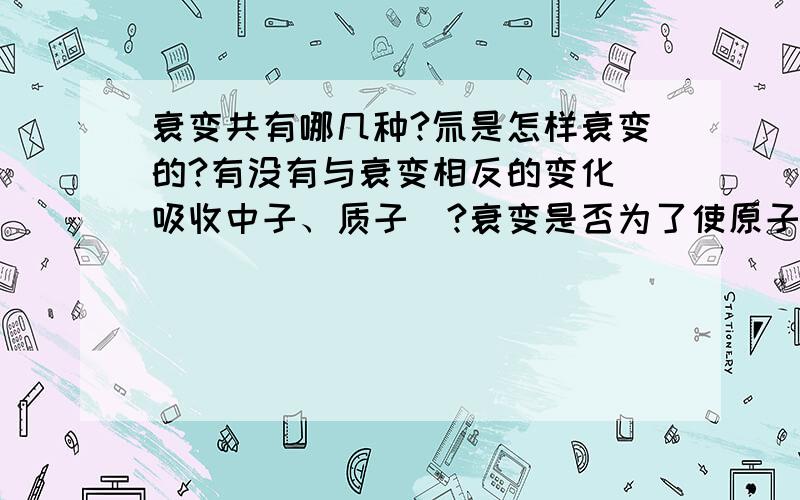 衰变共有哪几种?氚是怎样衰变的?有没有与衰变相反的变化（吸收中子、质子）?衰变是否为了使原子核达到相对稳定的结构?怎样才是相对稳定的呢?还有,衰变属于物理还是化学的研究范畴?答