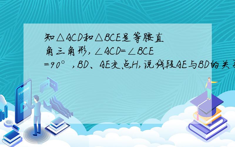 知△ACD和△BCE是等腰直角三角形,∠ACD=∠BCE=90°,BD、AE交点H,说线段AE与BD的关系,如图