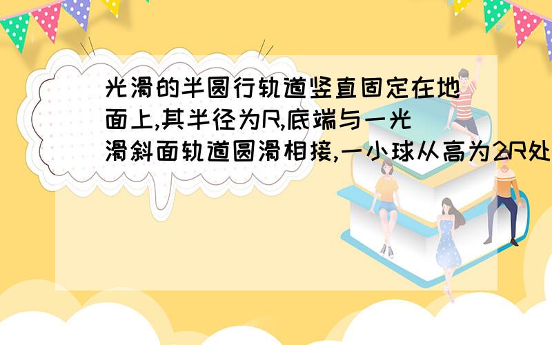 光滑的半圆行轨道竖直固定在地面上,其半径为R,底端与一光滑斜面轨道圆滑相接,一小球从高为2R处无初速度自由滑下进入半圆形轨道,求小球在多高处离开半圆形轨道!