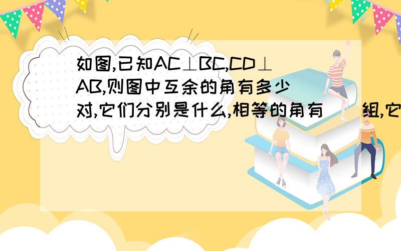 如图,已知AC⊥BC,CD⊥AB,则图中互余的角有多少 对,它们分别是什么,相等的角有（）组,它们分别是（）