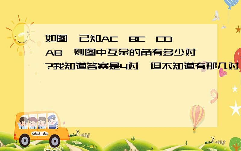 如图,已知AC⊥BC,CD⊥AB,则图中互余的角有多少对?我知道答案是4对,但不知道有那几对,帮忙列出来.