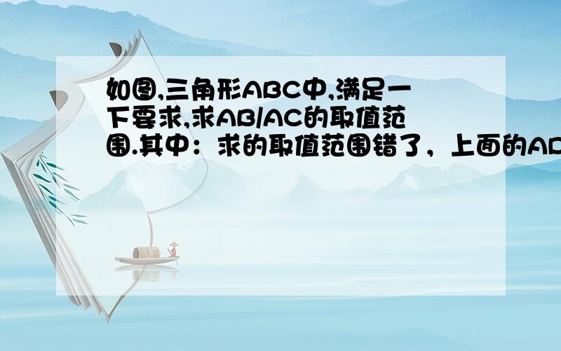 如图,三角形ABC中,满足一下要求,求AB/AC的取值范围.其中：求的取值范围错了，上面的AD是AC。