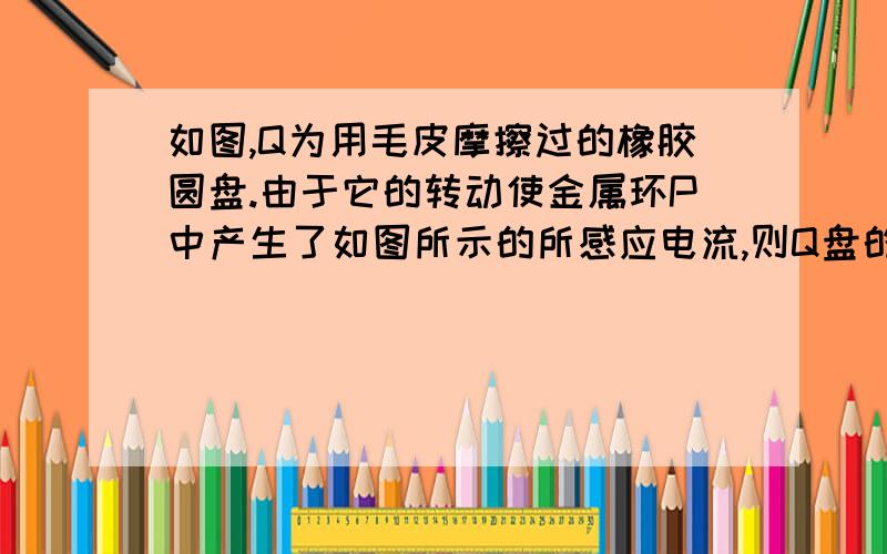 如图,Q为用毛皮摩擦过的橡胶圆盘.由于它的转动使金属环P中产生了如图所示的所感应电流,则Q盘的转动情况是（ ）A．顺时针加速转动 B．逆时针加速转动C．顺时针减速转动 D．逆时针减速转