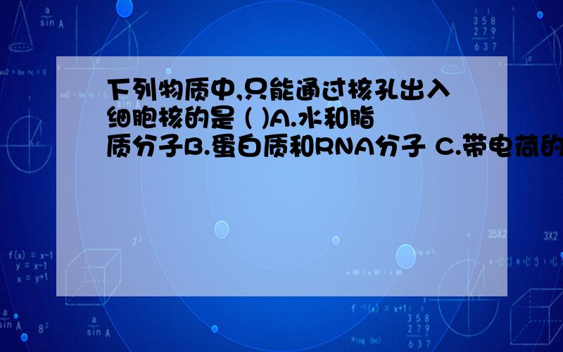 下列物质中,只能通过核孔出入细胞核的是 ( )A.水和脂质分子B.蛋白质和RNA分子 C.带电荷的离子和小分子 D.不带电荷的小分子为什么!大 小分子分别有哪些,