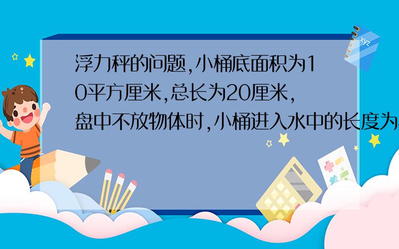 浮力秤的问题,小桶底面积为10平方厘米,总长为20厘米,盘中不放物体时,小桶进入水中的长度为8厘米1.小桶和秤盘的总重力是多少牛?2.该秤能秤出物体的最大质量是多少千克?3.该同学把秤的读