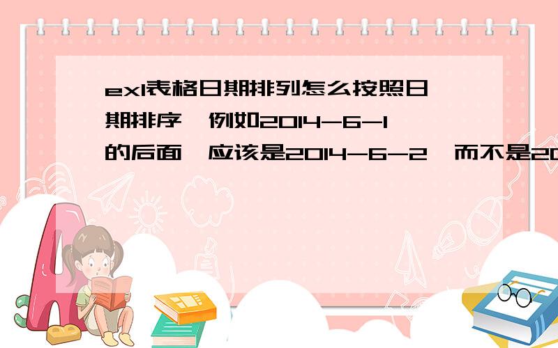 exl表格日期排列怎么按照日期排序,例如2014-6-1的后面,应该是2014-6-2,而不是2014-6-10,如下图,这种排列根本不科学啊!