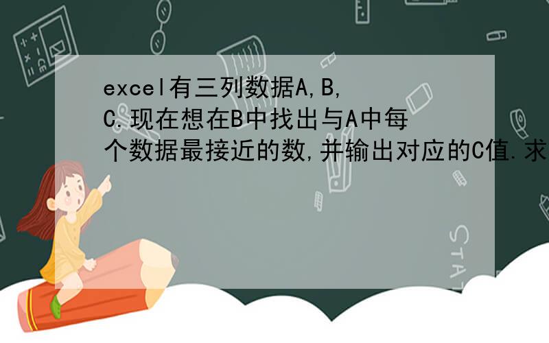 excel有三列数据A,B,C.现在想在B中找出与A中每个数据最接近的数,并输出对应的C值.求方案~例如：A列有100个数据,BC各列有10000个数据.在B1-B10000中找出与A1最接近的数据,如果B13最接近,则输出C13,