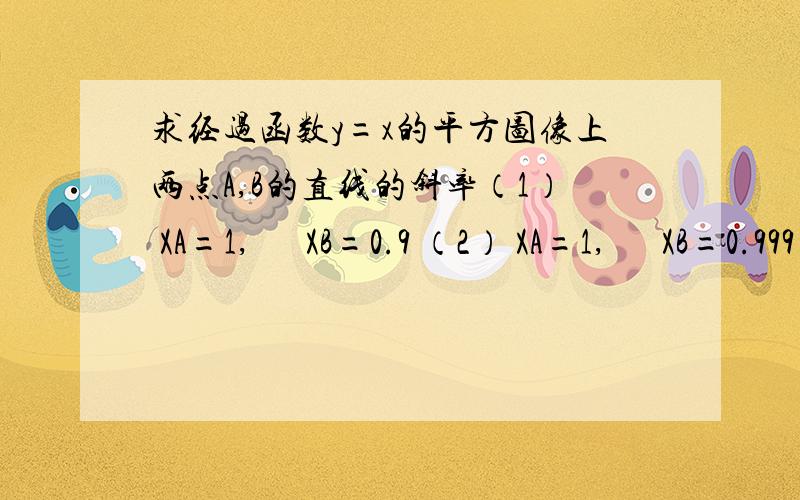 求经过函数y=x的平方图像上两点A,B的直线的斜率（1） XA=1,      XB=0.9 （2） XA=1,      XB=0.999