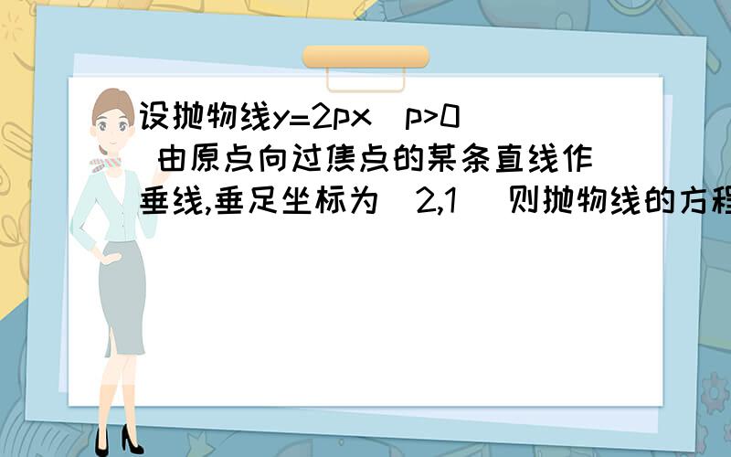 设抛物线y=2px(p>0) 由原点向过焦点的某条直线作垂线,垂足坐标为（2,1） 则抛物线的方程是?