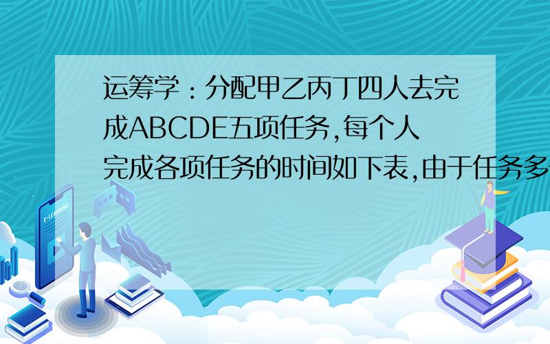 运筹学：分配甲乙丙丁四人去完成ABCDE五项任务,每个人完成各项任务的时间如下表,由于任务多于人数,故考虑：1.任务E必须完成,其它4项中可任选3项完成；2.其中一人完成两项,其他人完成一