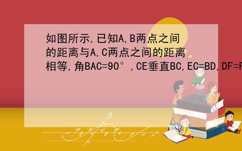 如图所示,已知A,B两点之间的距离与A,C两点之间的距离相等,角BAC=90°,CE垂直BC,EC=BD,DF=FE试说明三角形ABD全等于三角形ACF