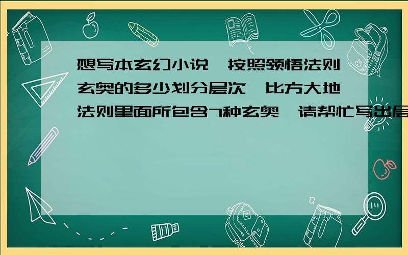 想写本玄幻小说,按照领悟法则玄奥的多少划分层次,比方大地法则里面所包含7种玄奥,请帮忙写出层次名称.比如领悟一种玄奥名为入玄,领悟两种名为求索,领悟三种名为明通,全无领悟的则为