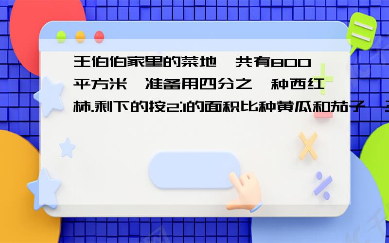 王伯伯家里的菜地一共有800平方米,准备用四分之一种西红柿.剩下的按2:1的面积比种黄瓜和茄子,三种蔬菜的面积分别是多少平方米?算式