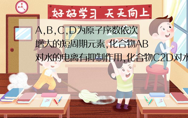 A,B,C,D为原子序数依次增大的短周期元素,化合物AB对水的电离有抑制作用,化合物C2D对水电离有促进作用,则C