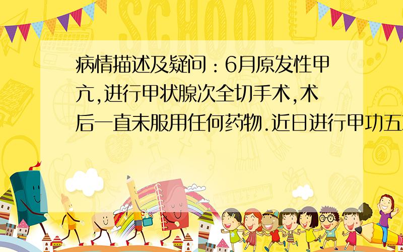 病情描述及疑问：6月原发性甲亢,进行甲状腺次全切手术,术后一直未服用任何药物.近日进行甲功五项的检查,结果如下:1、FT4 15.96PMOL/L 9.0-242、FT3 4.15PMOL/L 2.5-6.53、TSH 8.0695MIU/L 0.4-5.04、TGAB 208.47