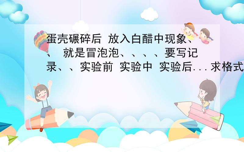 蛋壳碾碎后 放入白醋中现象、、 就是冒泡泡、、、、要写记录、、实验前 实验中 实验后...求格式.