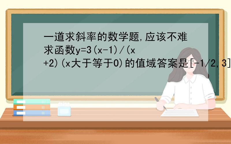 一道求斜率的数学题,应该不难求函数y=3(x-1)/(x+2)(x大于等于0)的值域答案是[-1/2,3]我初学,答案是[-1/2，3）