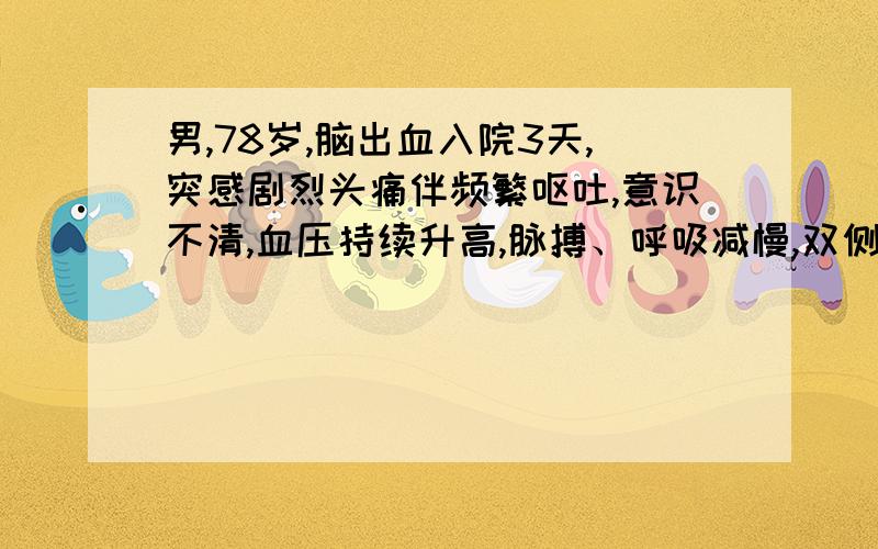 男,78岁,脑出血入院3天,突感剧烈头痛伴频繁呕吐,意识不清,血压持续升高,脉搏、呼吸减慢,双侧瞳孔不等大,对光反射消失1、目前考虑病人发生哪种急症?2、应该怎样配合医生积极抢救?