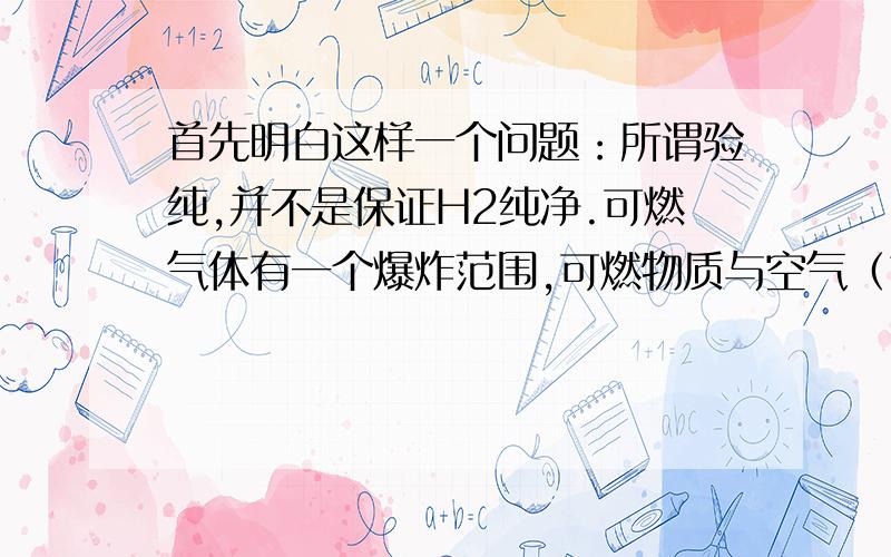 首先明白这样一个问题：所谓验纯,并不是保证H2纯净.可燃气体有一个爆炸范围,可燃物质与空气（首先明白这样一个问题：所谓验纯,并不是保证H2纯净.可燃气体有一个爆炸范围,可燃物质与空