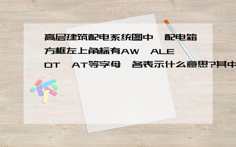 高层建筑配电系统图中,配电箱方框左上角标有AW、ALE、DT、AT等字母,各表示什么意思?其中一处标有：19D1-19AT1 NH40-100/3P                                              TBBQ3-100A/4P-IIF