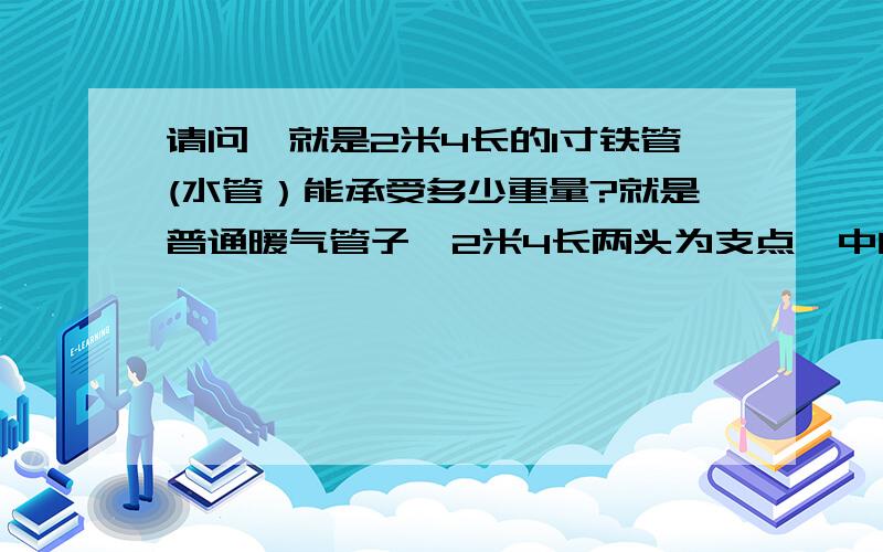 请问,就是2米4长的1寸铁管(水管）能承受多少重量?就是普通暖气管子,2米4长两头为支点,中间负重能承受多少重量,能有多大变形.我有130斤的重物能承受吗.