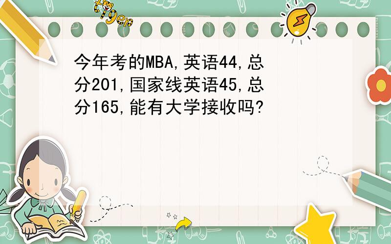 今年考的MBA,英语44,总分201,国家线英语45,总分165,能有大学接收吗?