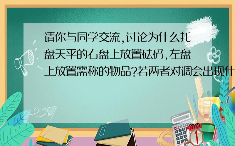 请你与同学交流,讨论为什么托盘天平的右盘上放置砝码,左盘上放置需称的物品?若两者对调会出现什么问题.我们老师说：“是因为游码在左边什么的.