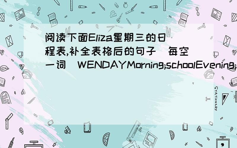 阅读下面Eliza星期三的日程表,补全表格后的句子(每空一词)WENDAYMorning;schoolEvening;do homework1.She ----no time on Wendesday evening ,-----------she wants to do her homework2.Eliza----go to school on ----and Sunday