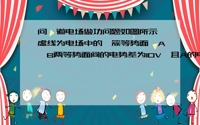 问一道电场做功问题如图所示,虚线为电场中的一簇等势面,A、B两等势面间的电势差为10V,且A的电势高于B的电势,相邻两等势面电势差相等,一个电子从电场中通过的轨迹如图中实线所示,电子过