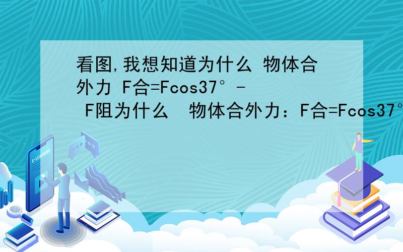 看图,我想知道为什么 物体合外力 F合=Fcos37°- F阻为什么  物体合外力：F合=Fcos37°- F阻    我知道Fcos37°是水平分力F1为什么  物体合外力=水平分力 - 阻力