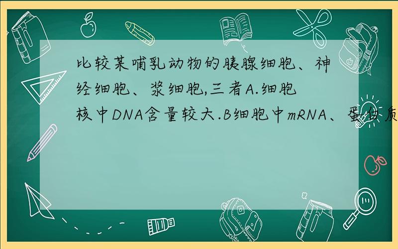 比较某哺乳动物的胰腺细胞、神经细胞、浆细胞,三者A.细胞核中DNA含量较大.B细胞中mRNA、蛋白质种类相同 C细胞中细胞器种类的差别较大 D都具有分泌功能…