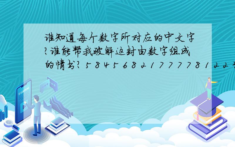 谁知道每个数字所对应的中文字?谁能帮我破解这封由数字组成的情书? 5 8 4 5 6 8 2 1 7 7 7 7 8 1 2 2 3 4 1 7 9 8 7 6 8 6 8 5 8 7 1 2 9 9 5 5 8 2 9 4 7 5 这是一封很好的情书,就是没人会破解