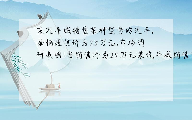 某汽车城销售某种型号的汽车,每辆进货价为25万元,市场调研表明:当销售价为29万元某汽车城销售某种型号的汽车,每辆进货价为25万元,市场调研表明：当销售价为29万元时,平均每周能售出8辆,