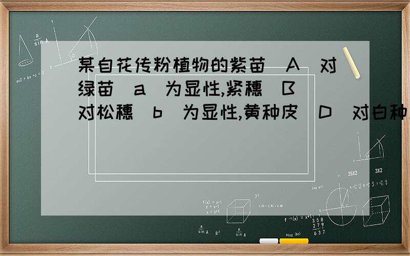 某自花传粉植物的紫苗（A）对绿苗（a）为显性,紧穗（B）对松穗（b）为显性,黄种皮（D）对白种皮（d）为显性,各由一对等位基因控制.假设这三对基因是自由组合的.现以绿苗紧穗白种皮的