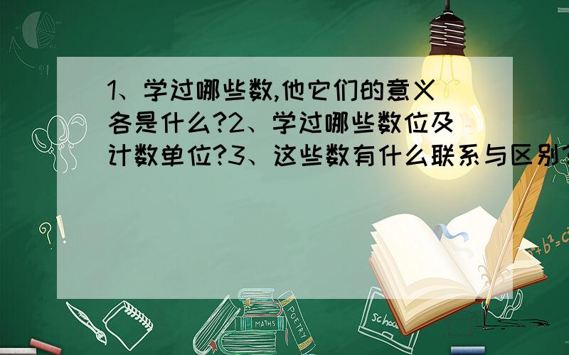 1、学过哪些数,他它们的意义各是什么?2、学过哪些数位及计数单位?3、这些数有什么联系与区别?