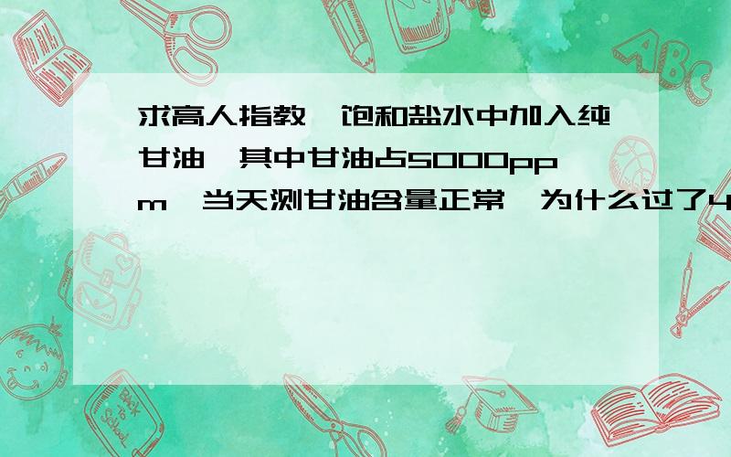 求高人指教,饱和盐水中加入纯甘油,其中甘油占5000ppm,当天测甘油含量正常,为什么过了4天甘油含量只剩了400ppm?疑问一：是甘油分解挥发了?疑问二：是测甘油的方法有问题?疑问三：甘油和盐