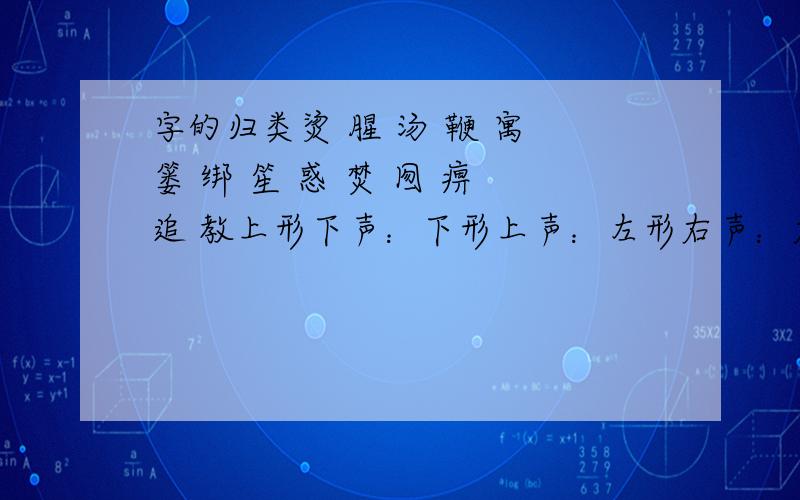 字的归类烫 腥 汤 鞭 寓 篓 绑 笙 惑 焚 囫 痹 追 教上形下声：下形上声：左形右声：右形左声：外形内声