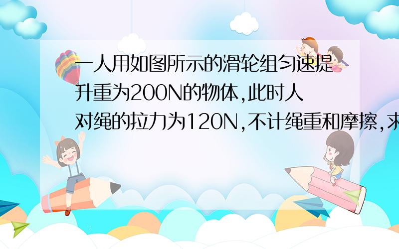 一人用如图所示的滑轮组匀速提升重为200N的物体,此时人对绳的拉力为120N,不计绳重和摩擦,求：(1)滑轮组的机械效率（2）如果绳能承受的最大拉力为600N,那么他用此滑轮组所提升物体的物重